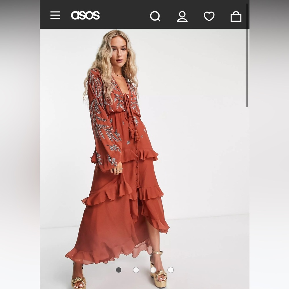 ASOS soft maxi dress with button front and trailing floral embellishment in rust